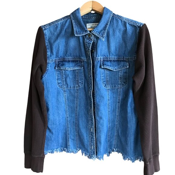 Upcycled Jean Shirt, Size M: Painted Wild Free Moon Graphic, Patchwork Jacket - Picture 3 of 13